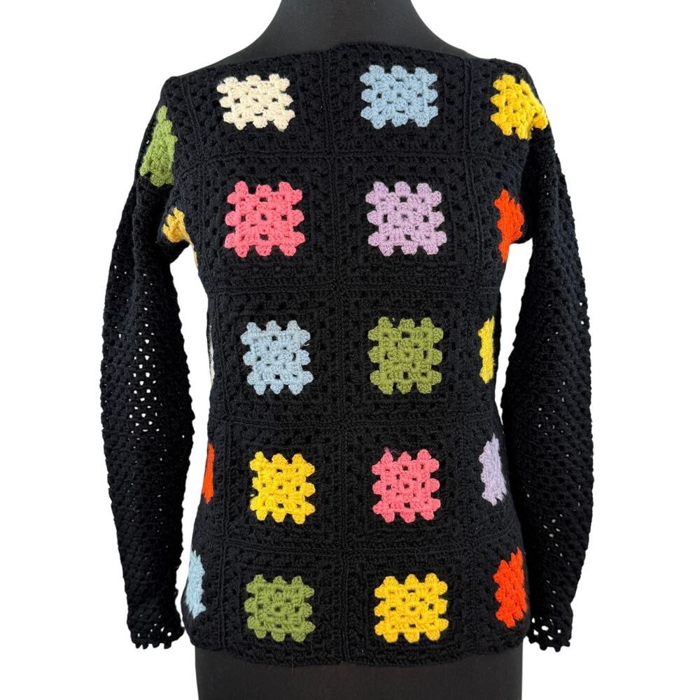 Handmade Black Crochet Sweater Wool Woven Granny Square Boat Pullover Size XS/S